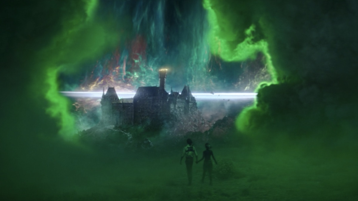 Loki and Sylvie walk through a green portal into a colorful dimension with a castle
