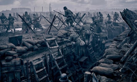 A scene from All Quiet on the Western Front depicting an attack from the trenches.