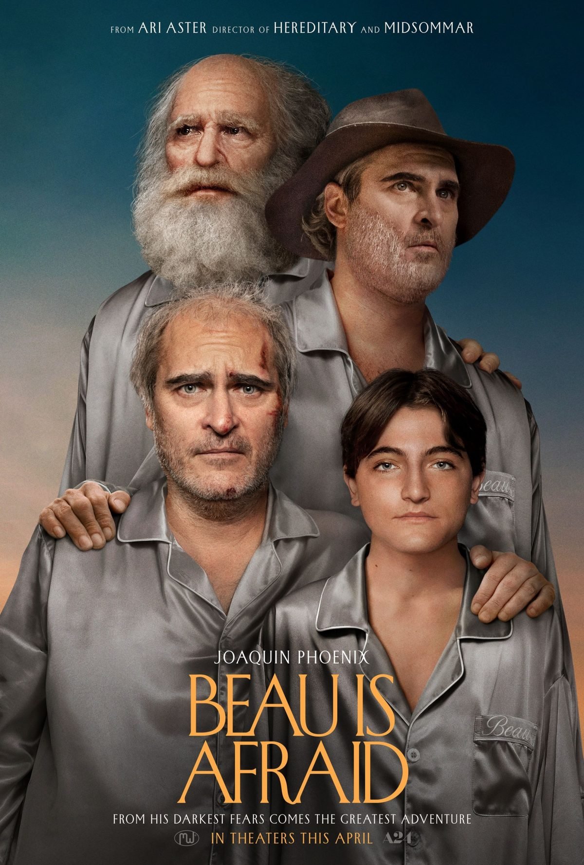 Four generations of Joaquin Phoenix look upset in Ari Aster's Beau Is Afraid.