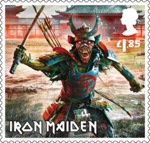 Four of the stamps feature Iron Maiden’s mascot, Eddie.
