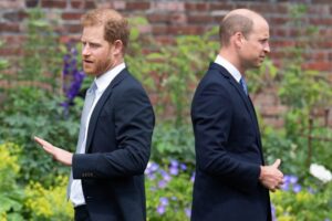 Princes Harry and William attend the unveiling of a statue of Princess Diana at The Sunken Garden in Kensington Palace on July 1, 2021.