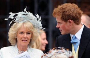 The then-Camilla, Duchess of Cornwall and Prince Harry attend the wedding of Peter Phillips and Autumn Kelly at St. George's Chapel on May 17, 2008.