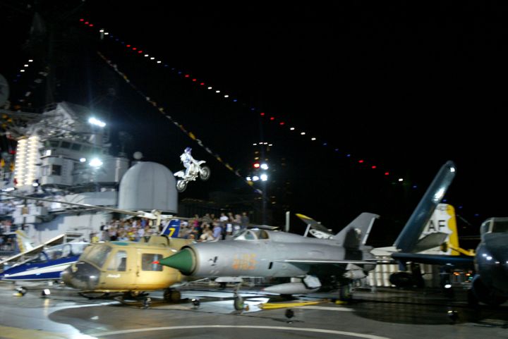 Knievel cleared several helicopters and jets aboard the USS Intrepid in New York City in 2004.
