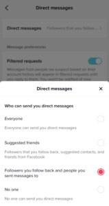 Screenshot of TikTok’s direct messages privacy options page.