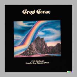 DallE generated album cover featuring an unnaturally bent rainbow above a mountainous landscape