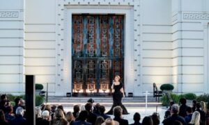 Adele performing at the Griffith Observatory, Los Angeles, 24 October 2021.