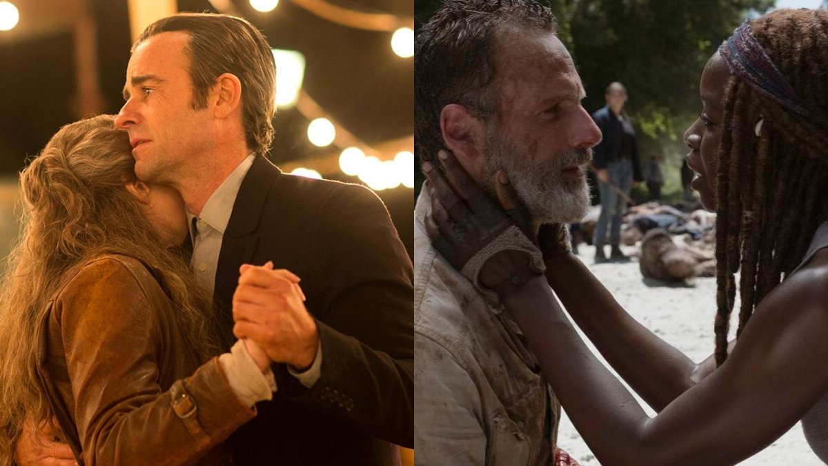 split image of rick and michonne embracing from the walking dead and kevin and nora dancing in the leftovers apocalypse romances