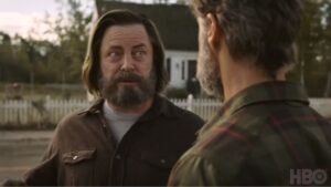 Bill (Nick Offerman) talks with Frank (Murray Bartlett) in The Last of Us episode 3.