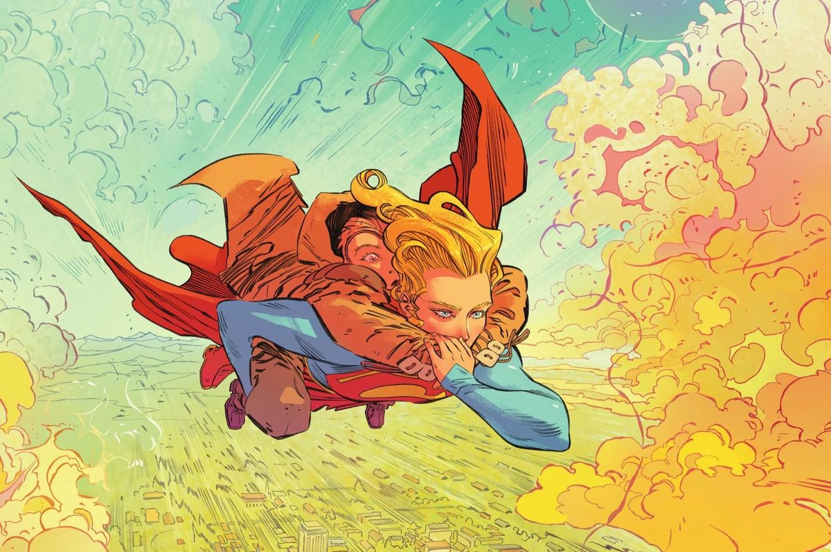 Supergirl flies with a young girl wearing a cloak on her back through yellow and green clouds