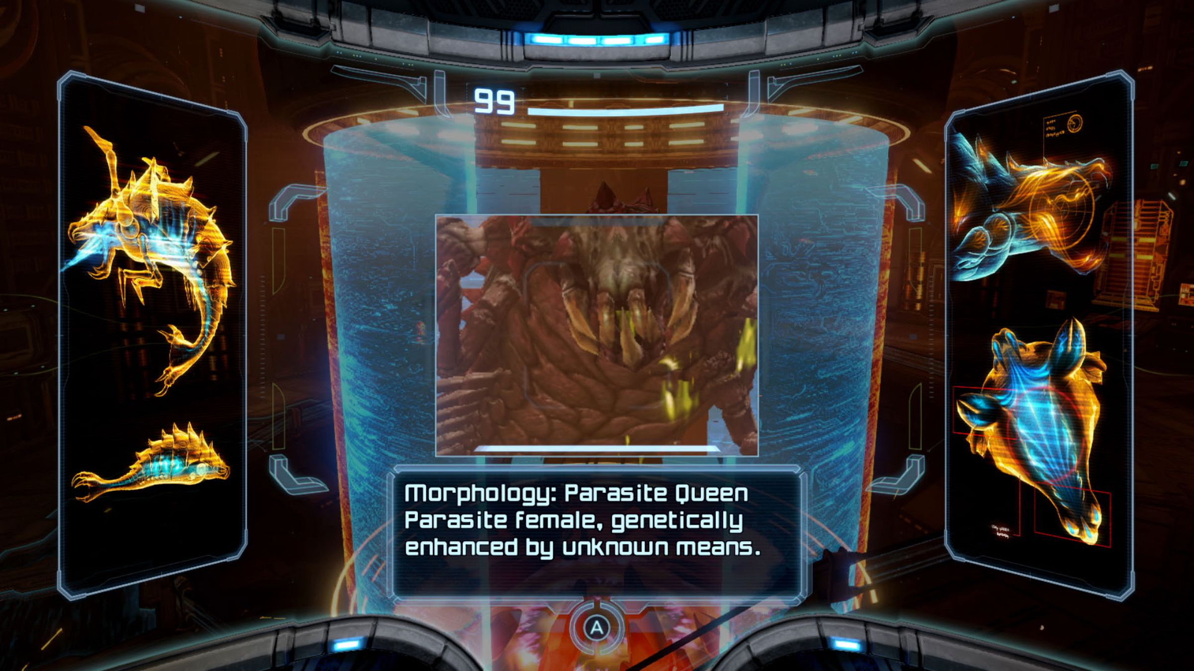 A screenshot of a scan of the Parasite Queen in Metroid Prime Remastered.