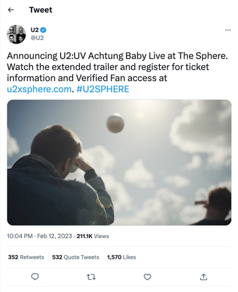 Announcing U2:UV Achtung Baby Live at The Sphere. Watch the extended trailer and register for ticket information and Verified Fan access at 
