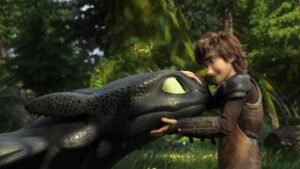Hiccup rubs Toothless on the nose in How to Train Your Dragon