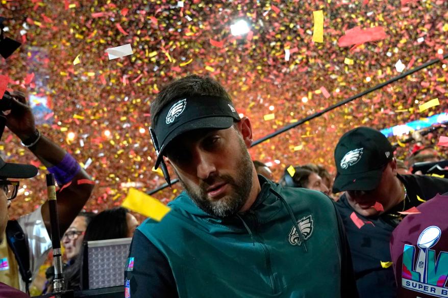 Nick Sirianni reacts as confetti falls after his Eagles lost Super Bowl 2023 to the Chiefs.