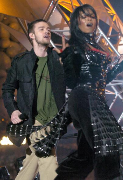 Justin Timberlake performs with Janet Jackson during the halftime show at Super Bowl XXXVIII between the New England Patriots and the Carolina Panthers at on February 1, 2004 in Houston, Texas.