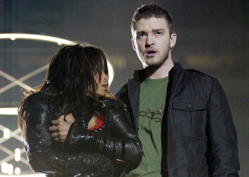 Justin Timberlake performs with Janet Jackson during the halftime show at Super Bowl XXXVIII between the New England Patriots and the Carolina Panthers at on February 1, 2004 in Houston, Texas.
