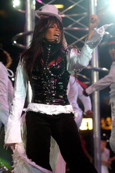 Janet Jackson performs during the halftime show at Super Bowl XXXVIII on February 1, 2004 in Houston, Texas.