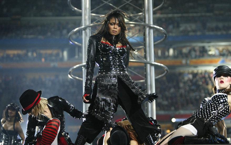 Janet Jackson performs during the halftime show at Super Bowl XXXVIII between the New England Patriots and the Carolina Panthers at Reliant Stadium on February 1, 2004 in Houston, Texas.