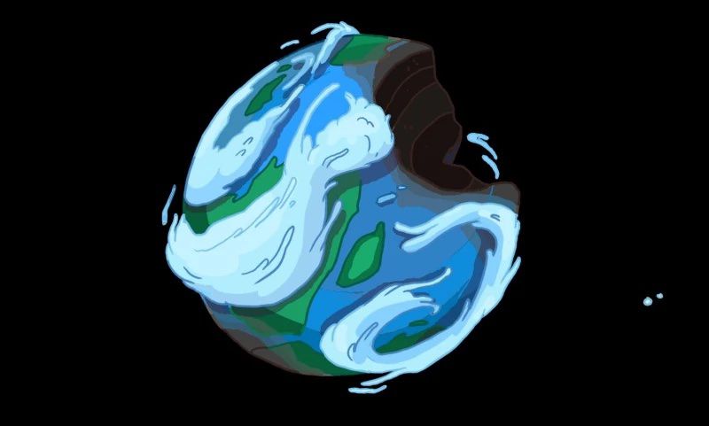 A cartoon rendering of Earth/Ooo as seen from space in Adventure Time. A good chunk of the planet, a little less than a quarter of it, is missing, as if from a giant melon baler.