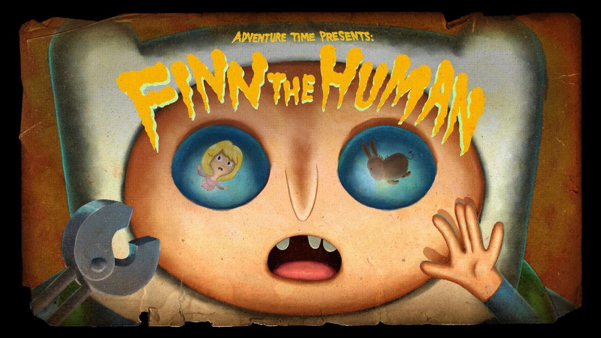 The title card for Finn the Human. A grotesquely close shot of Finn’s frightened face. His right hand is a metal claw. His eyes reflect images of a donkey and a blonde woman. 