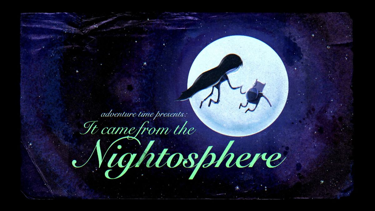 The title card for “It Came From the Nightosphere.” Marceline and Finn float hand in hand through the sky, silhouetted against the moon. 