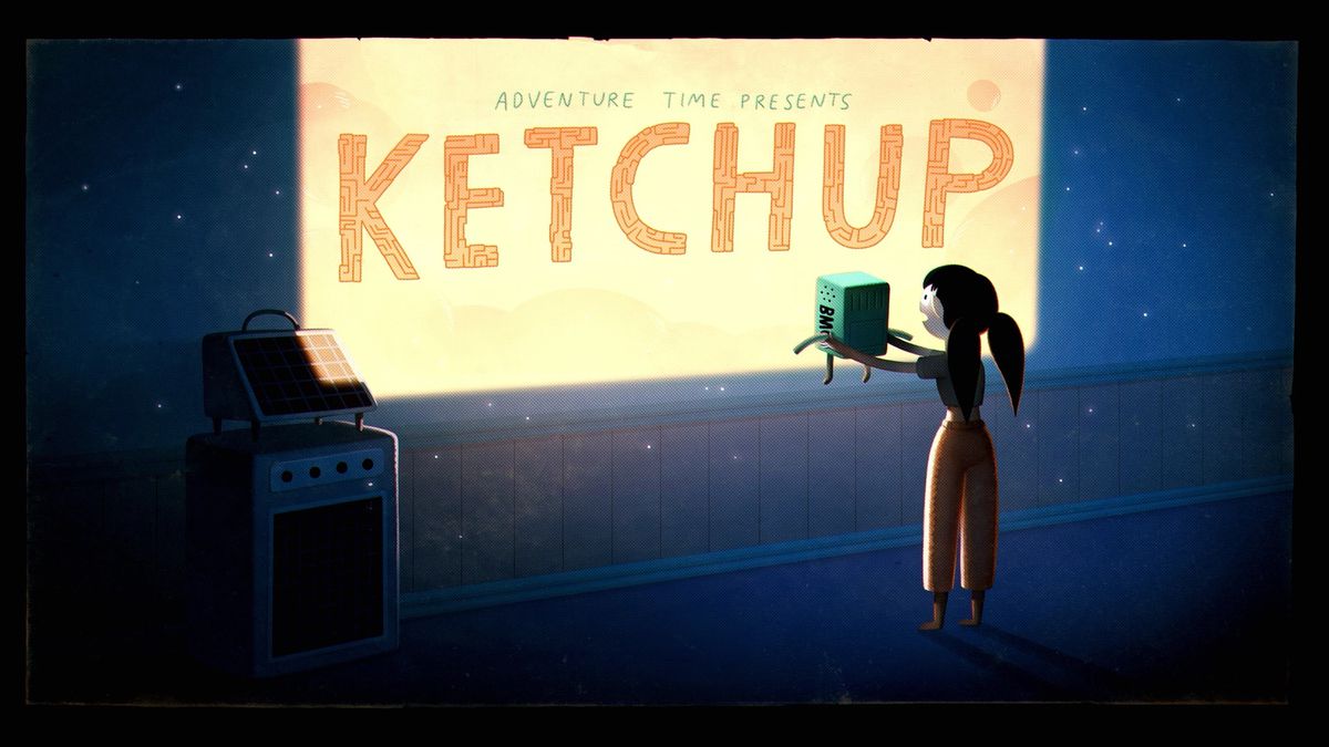The title card for “Ketchup.” An amazed Marceline holds BMO up to a projected image on a wall. 