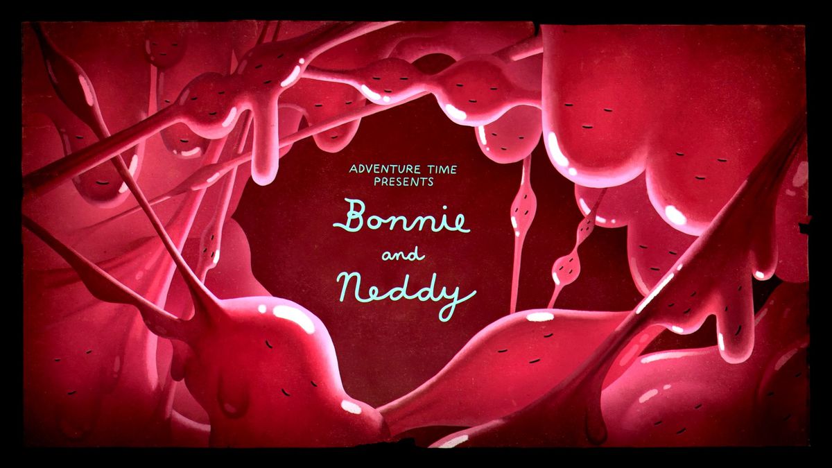 The title card for “Bonnie and Neddy.” A mass of pink gum, covered in content little faces. 