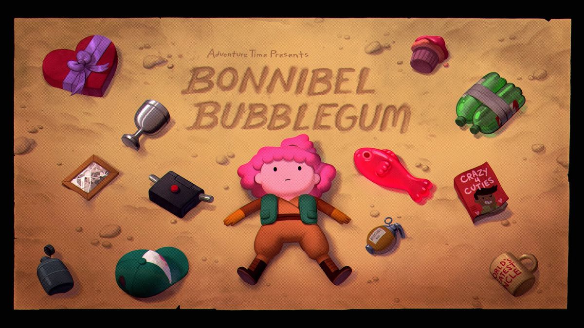 The title card for “Bonnibel Bubblegum.” A young Princess Bubblegum lies on the sand wearing adventuring clothes and looking confused, surrounded by miscellaneous objects. 