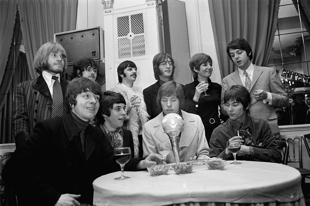 John Lennon, Ringo Starr and Paul McCartney with Cilla Black, Rolling Stone Brian Jones (far right) and Donovan next to him.