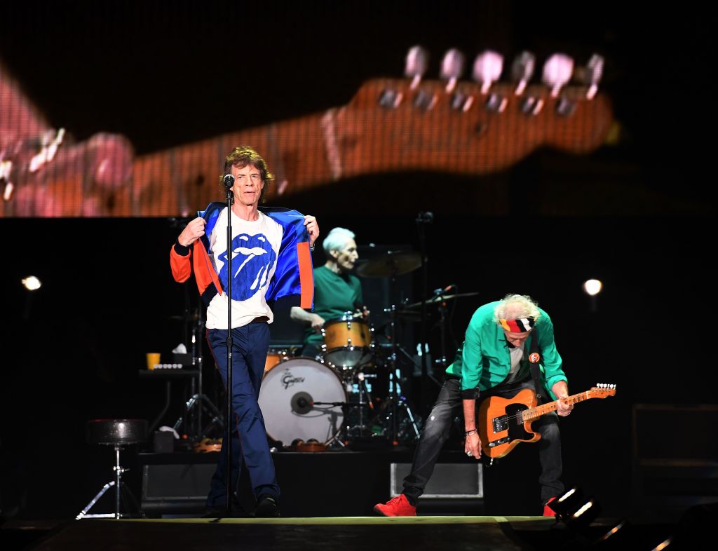 Mick Jagger (L) and Keith Richards (R) of the Rolling Stones perform during the Desert Trip music festival at Indio, California on October 7, 2016.
