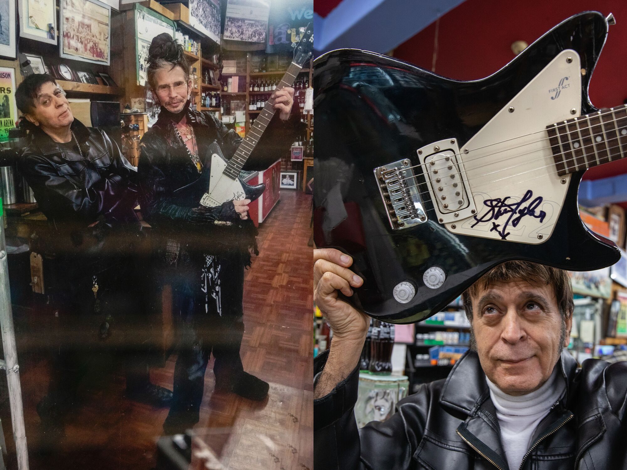 Two photos side by side, one of a photo of Tommy Bina and Steven Tyler, and the other of Bina holding up a signed guitar.
