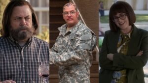 split image of nick offerman as Bill on the last of us, david cross in arrested development wearing camo, and megan mullally in party down season three all joining the umbrella academy season four