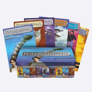 A photograph of the first six Animorphs books with their original covers, re-released by Scholastic in 2020, along with a retro tin to store the books