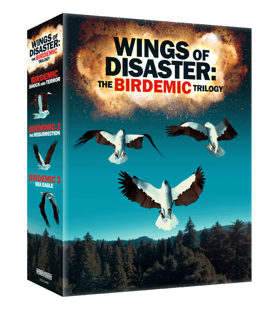 A gif of birds flying on the box art for Severin Film’s Birdemic Trilogy