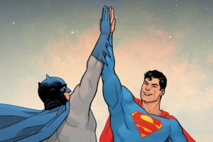 Batman and Superman high five in space on the cover of Batman/Superman: World’s Finest #1 (2022).