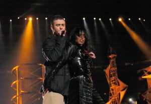 Janet Jackson and Justin Timberlake during The AOL TopSpeed Super Bowl XXXVIII Halftime Show Produced by MTV at Reliant Stadium in Houston, Texas, United States.