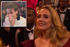 New video shows Adele did not walk out of the Grammys after Harry Styles scooped Album of the Year. The songstress stayed, smiled and cheered for Styles after his win.