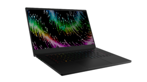 The Razer Blade 15 angled to the right and open on a white background, displaying a multicolored desktop.