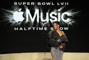 Rihanna speaks onstage during the press conference for Apple Music Super Bowl LVII Halftime Show at Phoenix Convention Center on February 09, 2023