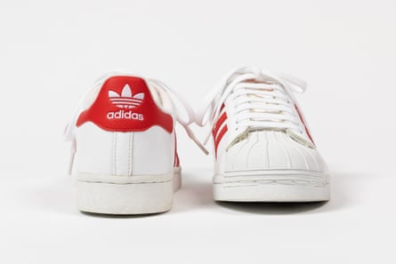 red and white shell toe sneakers