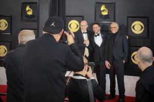 Pictured at the 65th Annual Grammy Awards in Los Angeles on February 5th, 2023 (l to r): Peter Leathem OBE, CEO of PPL; Gebre Waddell, CEO & Founder of Sound Credit; and Tim Smith, Bee Partners (Photo Credit: Sound Credit)