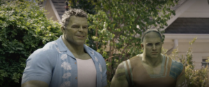 Hulk (Mark Ruffalo) and his son, Skaar (Wil Deusner), a smaller large green man in tattered clothing and an alien haircut, in She-Hulk: Attorney at Law.
