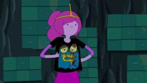 Adventure Time’s Princess Bubblegum wearing a shirt that once belonged to Marceline.