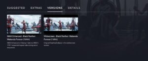 The Black Panther: Wakanda Forever Disney Plus tab for Versions, selecting either IMAX Enhanced or theatrical formats.