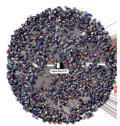 A circular diagram shows a wealth of social media users around a central figure of Jake Paul.