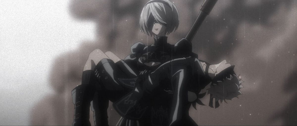 A platinum-haired anime woman wearing a blindfold in a gothic lolita outfit and a broadsword on her back holding the unconscious body of an anime man in a similar outfit with a plume of smoke and visible rain in the distance.