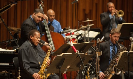 Wayne Shorter, left, and the trumpeter Wynton Marsalis, right, performing with the Jazz at Lincoln Center Orchestra at the Barbican in London, 2016.