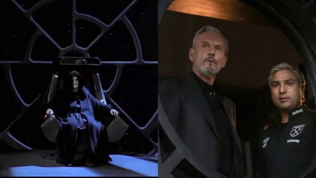 a side by side collage of Emperor Palpatine on his throne beside Rupert and Nate in Ted Lasso