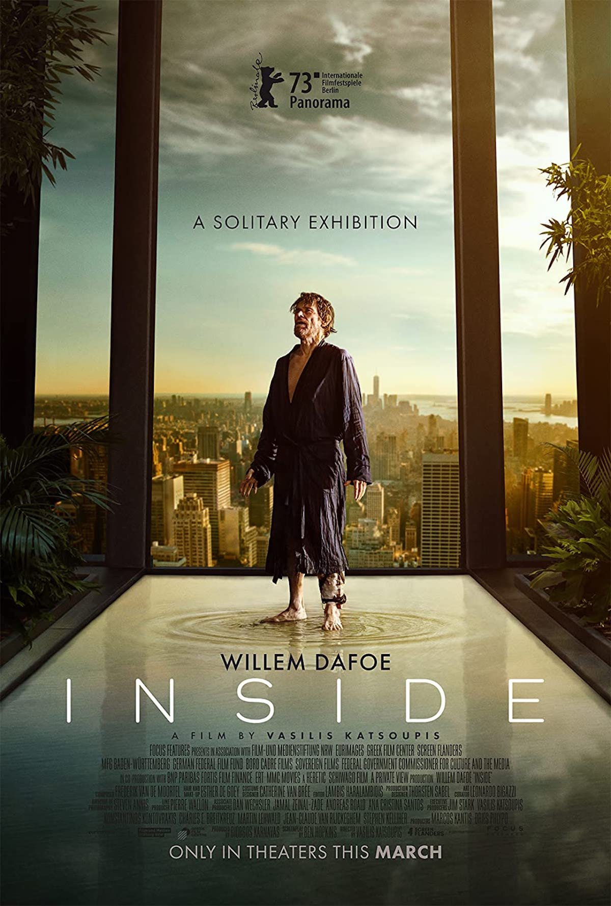 Willem Dafoe in a bathroom in a penthouse on the poster for Inside