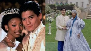 split image of 1997 Cinderella and Prince Charming and 2023 characters played by Brandy and Paolo Montalban