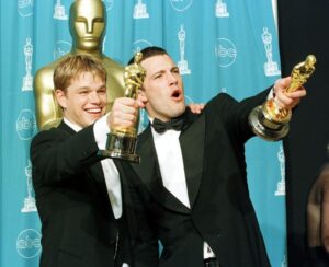 Damon and Affleck are pictured after winning Best Original Screenplay for "Good Will Hunting" at the 1998 Oscars in Los Angeles.